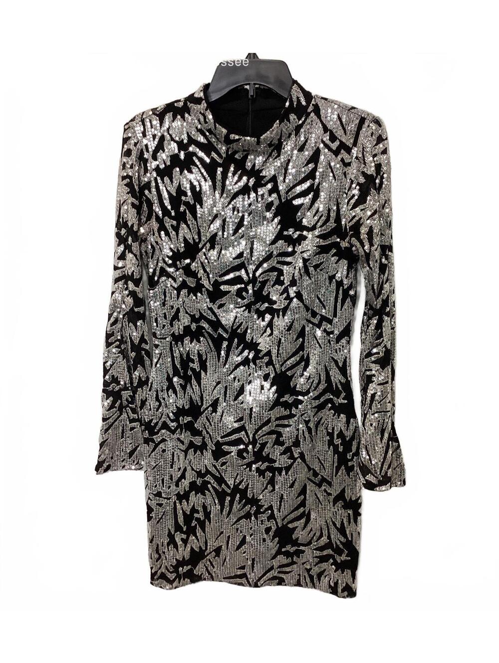 Betsy Adam Women's Black Silver Sequin Leaf Long Sleeve Mock Neck Dress Sz 8
